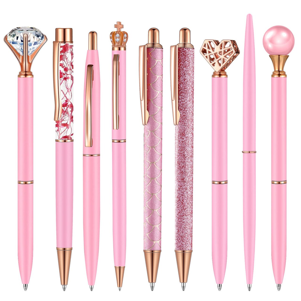 9 Pcs Ballpoint Pens Set Metal Crystal Diamond Glitter Pens for Journaling Black Ink Pretty Cute Things Fancy Stationery Gifts for Women Girls Birthday Home Office Desk(Pink)